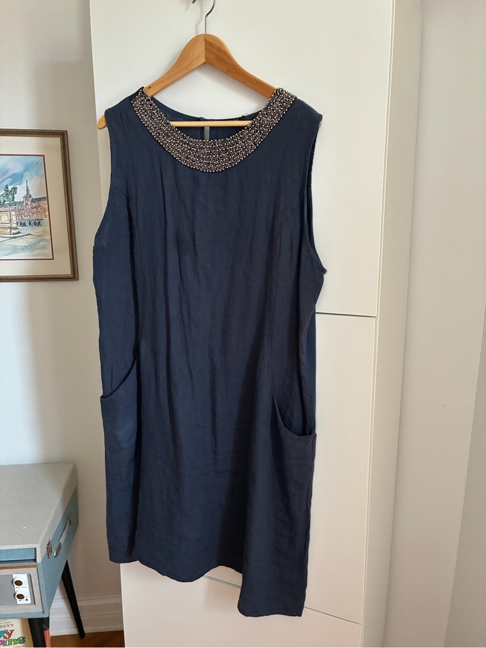 Navy Sleeveless Beaded Neckline Linen Shift Dress - 2XL